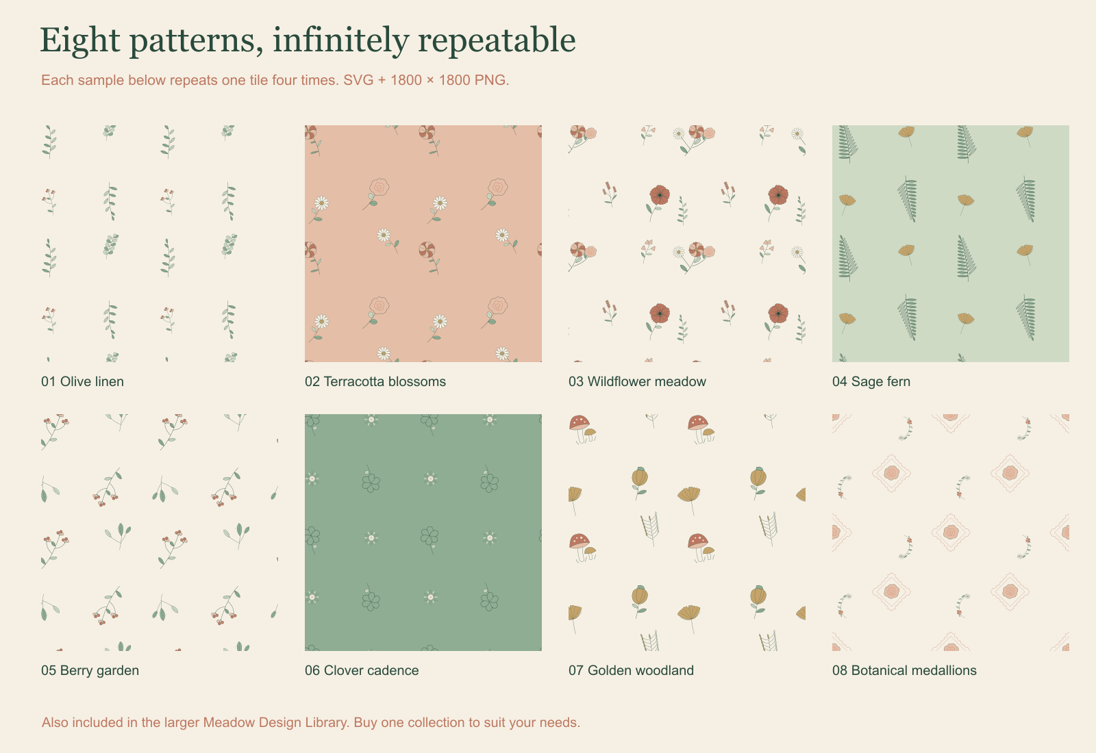All eight patterns shown as repeats. The smaller pattern offer uses these same tiles.