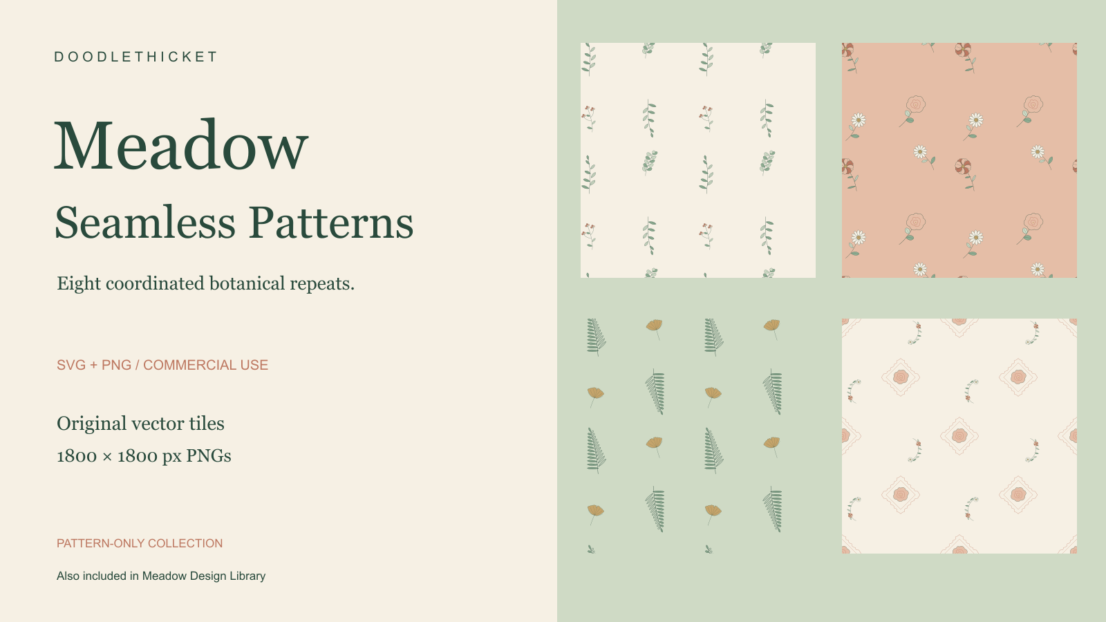 Meadow Seamless Patterns cover showing four coordinated botanical repeating patterns