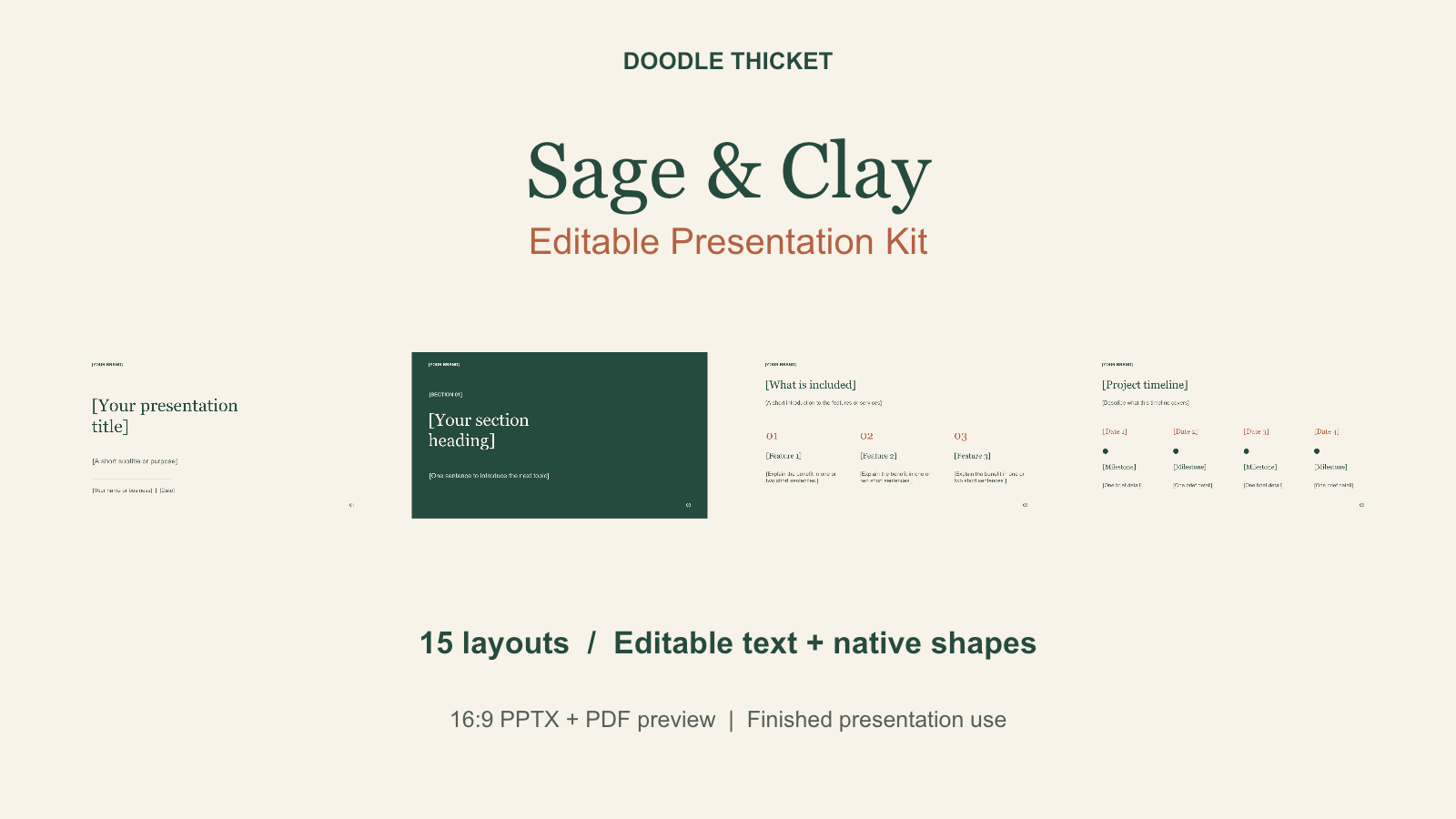 Sage and Clay editable presentation kit cover showing coordinated cream, green and terracotta slide layouts